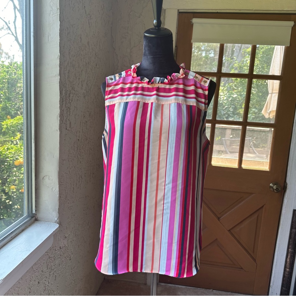 🦋 Loft Size L Pastel Summer Pinks Rainbow Stripes Sleeveless Blouse 🌈💕🎀